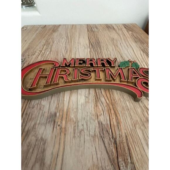 Merry Christmas Wall Hanging VTG Sign Molded Plastic Red w/Holly Leaves - Picture 2 of 6